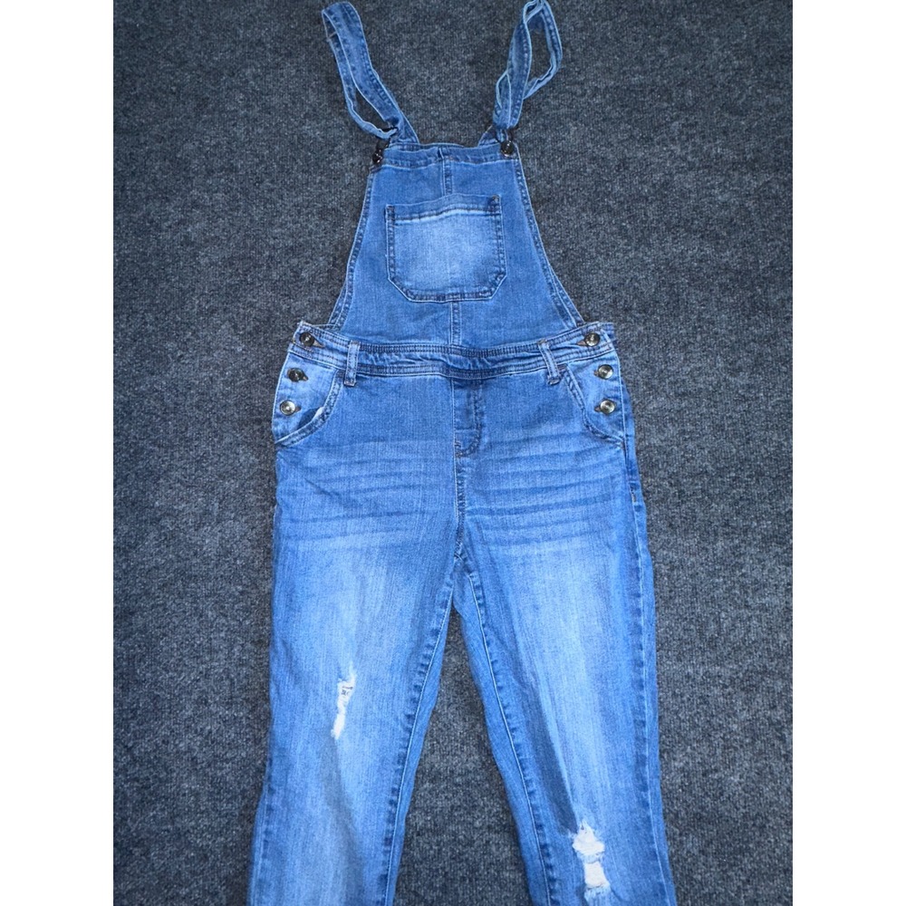 Vanilla Star Womens Denim Overalls Medium Wash Distressed Skinny Leg Blue Jeans